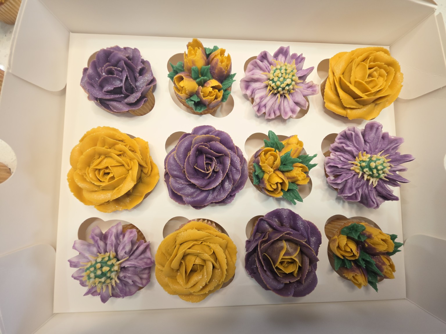 Box of twelve purple and gold floral Smallies